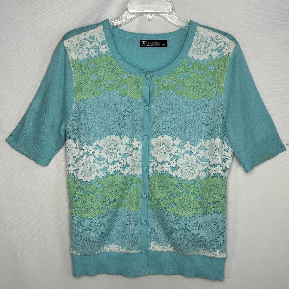 New York & Co. 7th Ave Design Studio‎ Cardigan Blue Green White Lace Boho Sz M